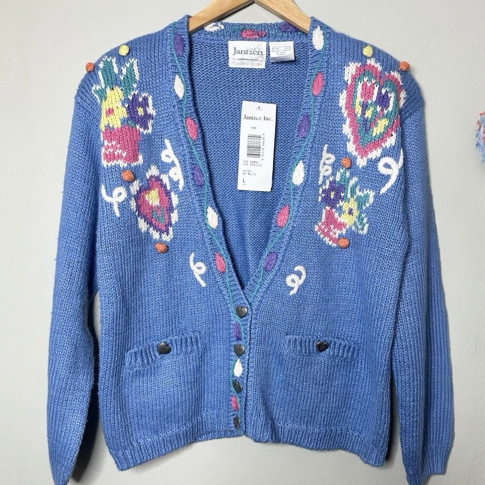 Vintage 90s Jantzen Cardigan Size L Embroidered Cottage Grandma Knit Sweater NOS